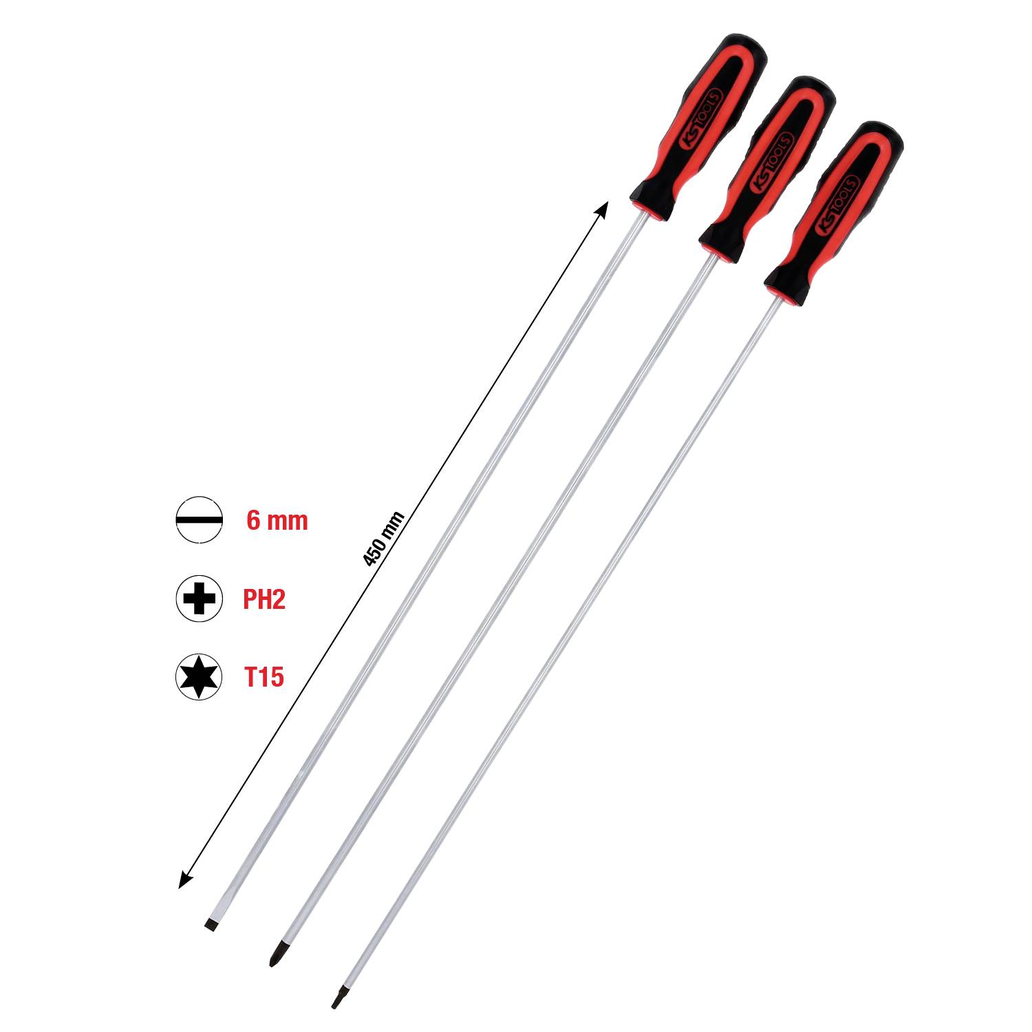 'Tři dlouhé šroubováky s červenými a černými rukojeti, velikosti: 6 mm, PH2, T15, délka 450 mm.'