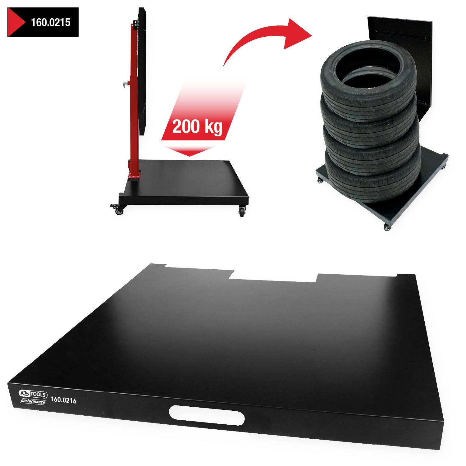 Kovová plošina s kolečky 'GT Tools', nosnost až 200 kg. Hlavní obrázek zobrazuje naložené pneumatiky na plošině. Kód produktu 160.0216.