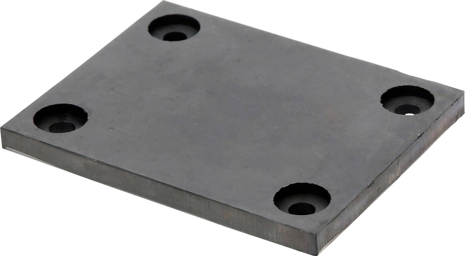 Obdélníková kovová deska se čtyřmi otvory v rozích, vhodná pro mechanické aplikace nebo upevnění.