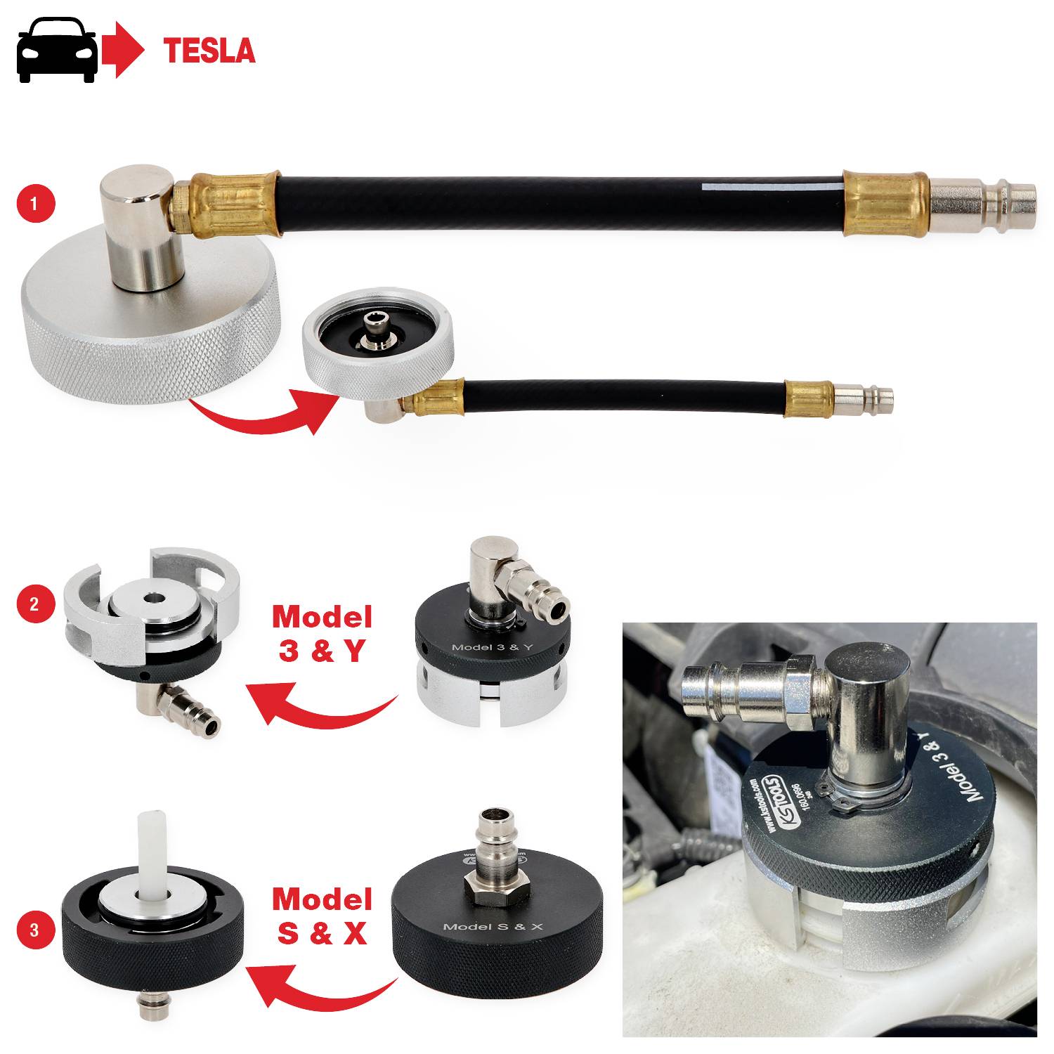 Různé adaptéry pro odvzdušnění brzd pro modely Tesla, včetně Model 3, Y, S a X. Nahoře: Adaptér s černou hadicí. Dole: Různé pohledy na adaptéry.
