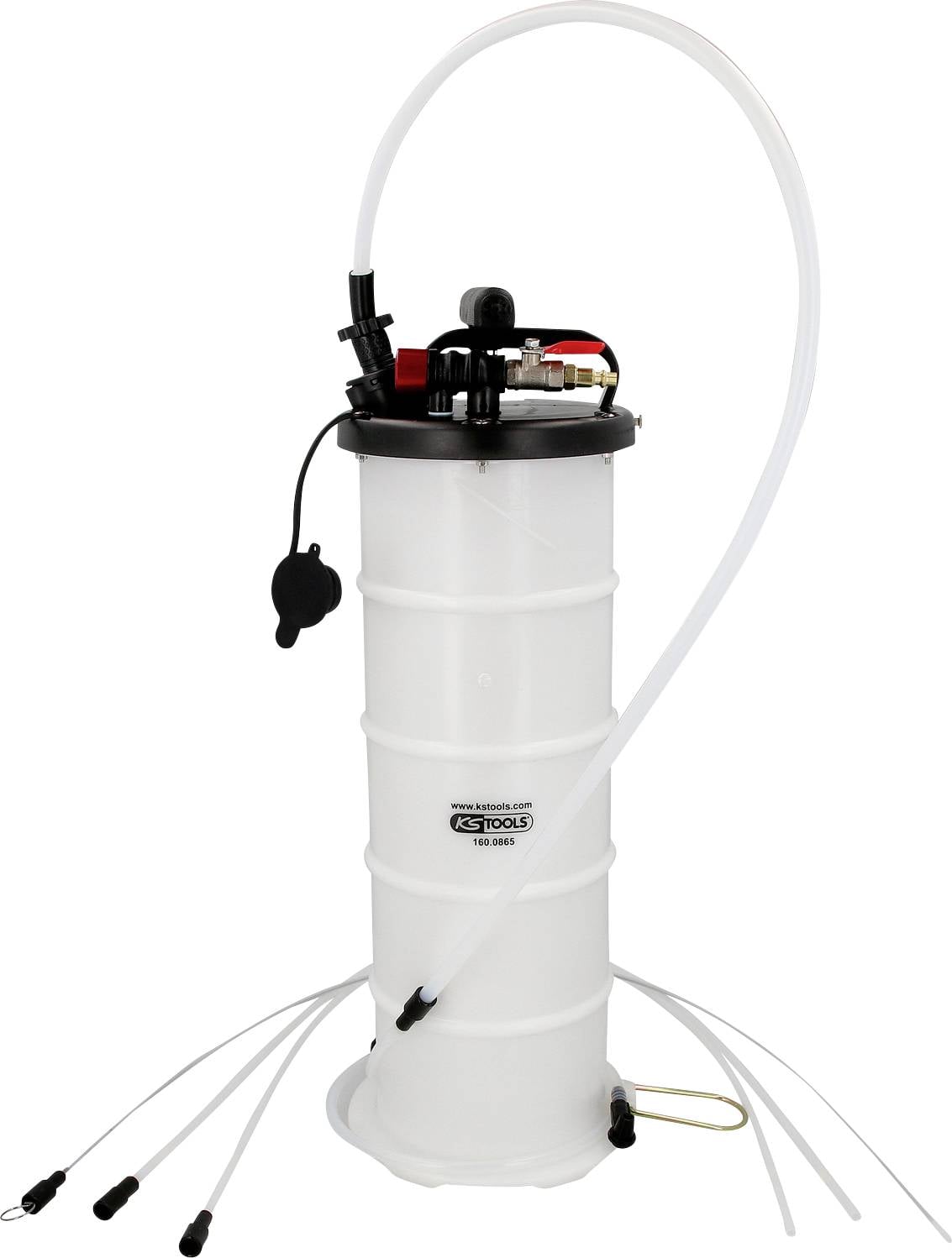 Bílý sběrný kontejner na olej s několika hadicemi a černým víkem, určený k odčerpávání kapalin, jako je olej.