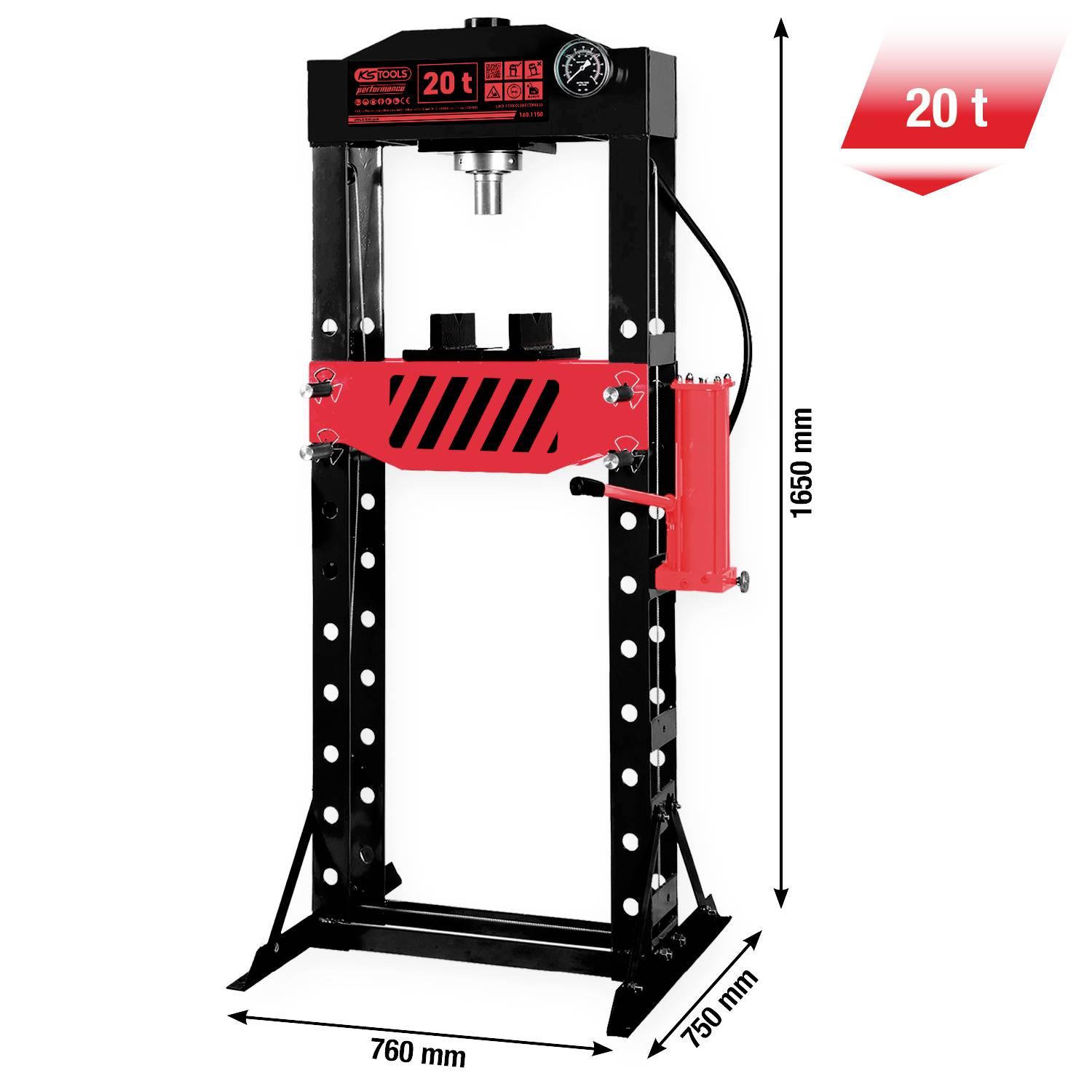Hydraulický lis s kapacitou 20 tun. Je vysoký 1650 mm, široký 760 mm a hluboký 750 mm, vhodný pro těžké úkoly.
