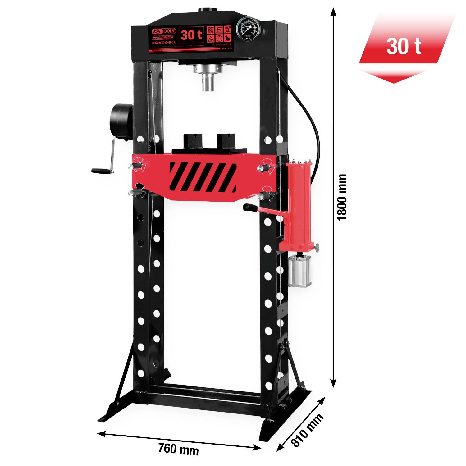 Červený hydraulický dílenský lis s kapacitou 30 tun. Rozměry: 760 mm šířka, 810 mm hloubka, 1800 mm výška.