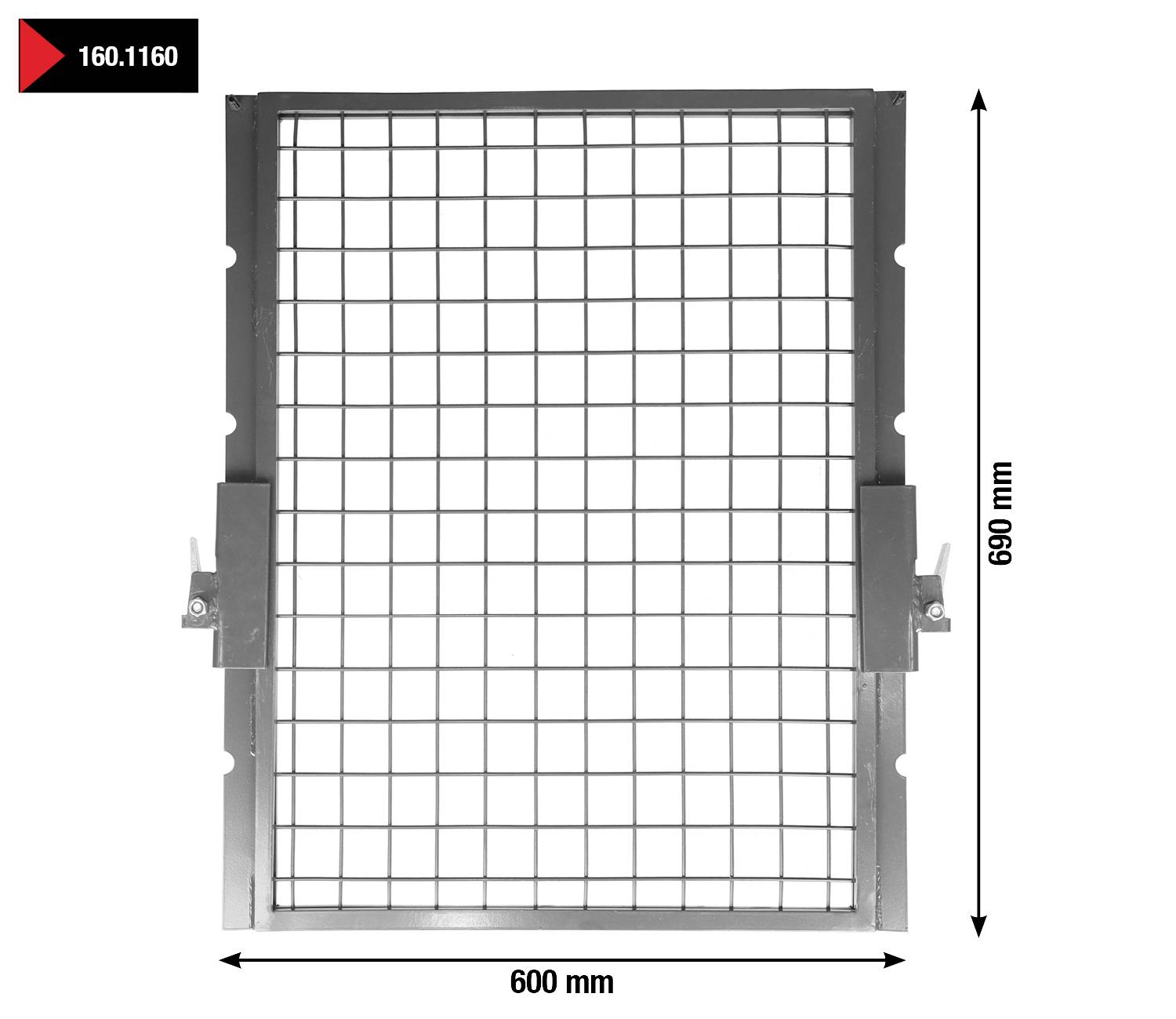 Obdélníková mřížka o rozměrech 600 mm x 680 mm v stříbrné barvě, znázorněná s boční konzolí a vyznačenými rozměry.