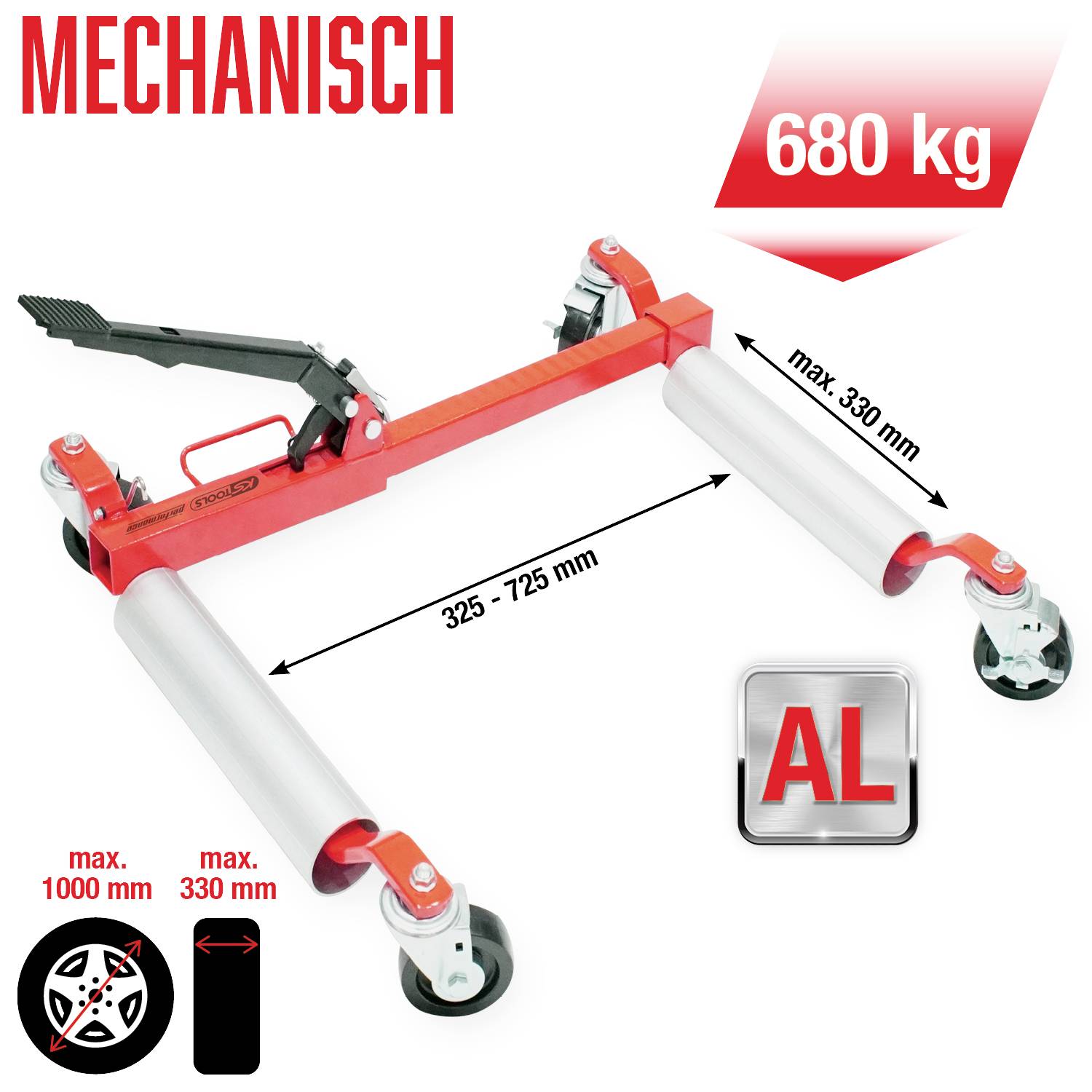 Mechanický pojízdný vozík pro náklady až 680 kg, nastavitelná šířka 325-725 mm, stabilní kolečka, ideální pro manipulaci s vozidly.