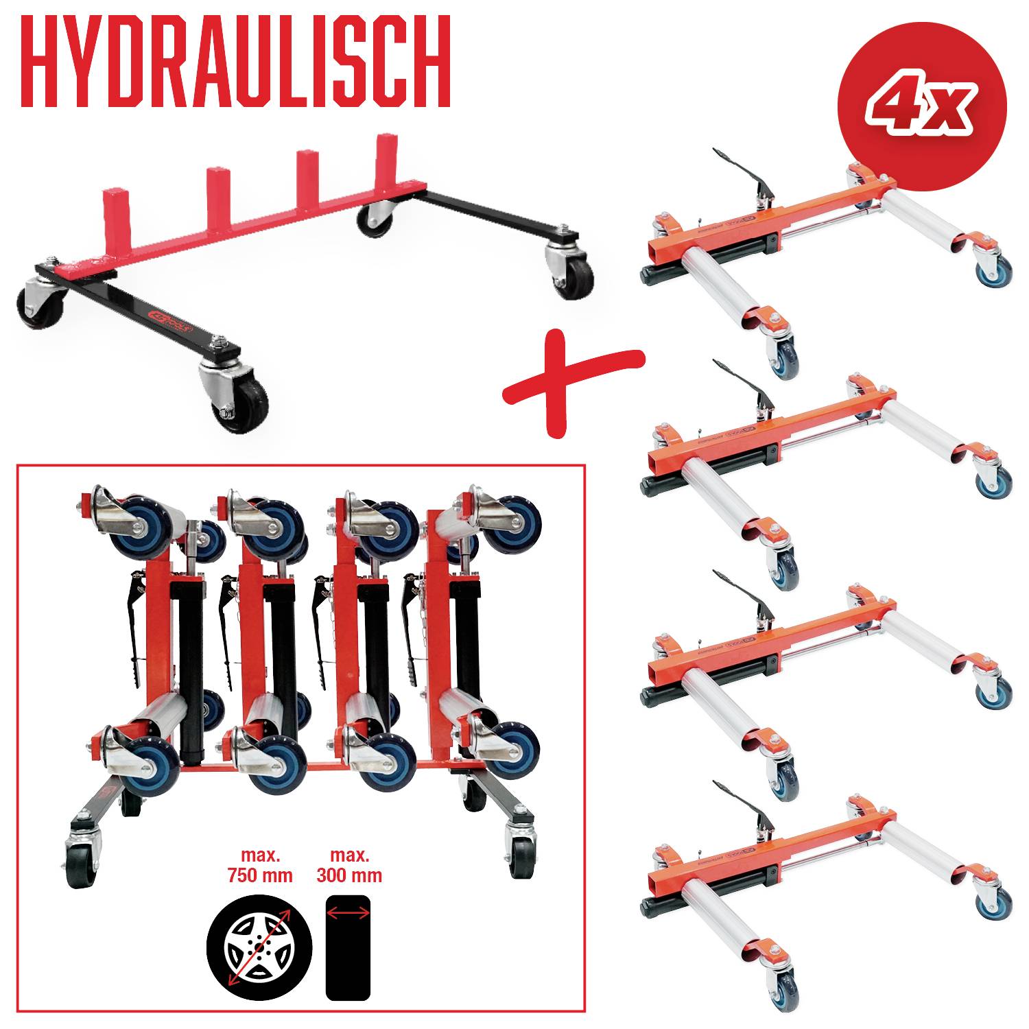 Hydraulická transportní podložka Radsatz Dolly se sadou čtyř vozíků. Vhodná pro kola o velikosti až 750 mm a šířce až 300 mm. Používá se pro opravy vozidel.