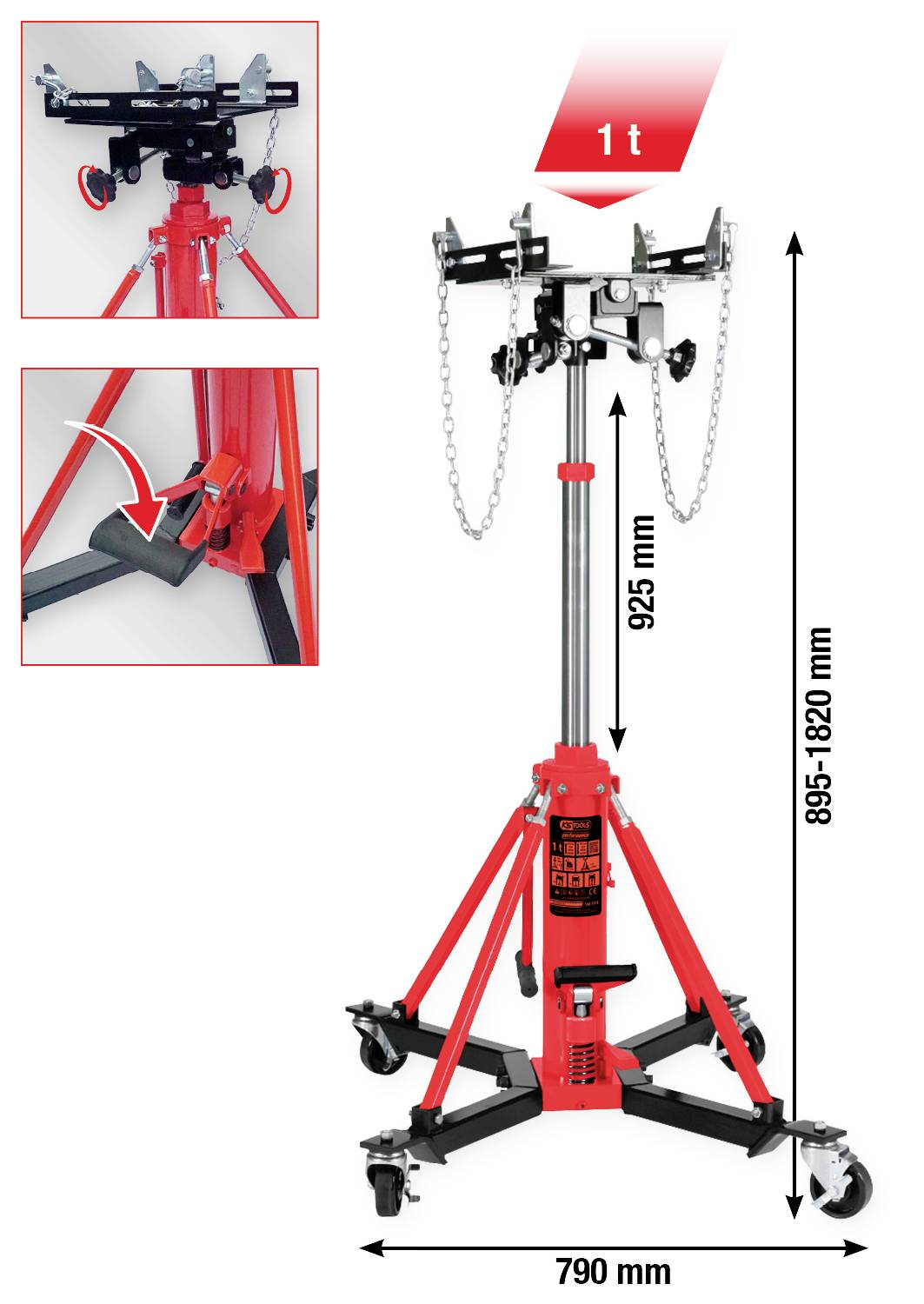 Hydraulický zvedák s nastavitelnou podpěrnou pákou, vhodný pro břemena do 1 tuny. Nastavitelná výška od 895 do 1820 mm.