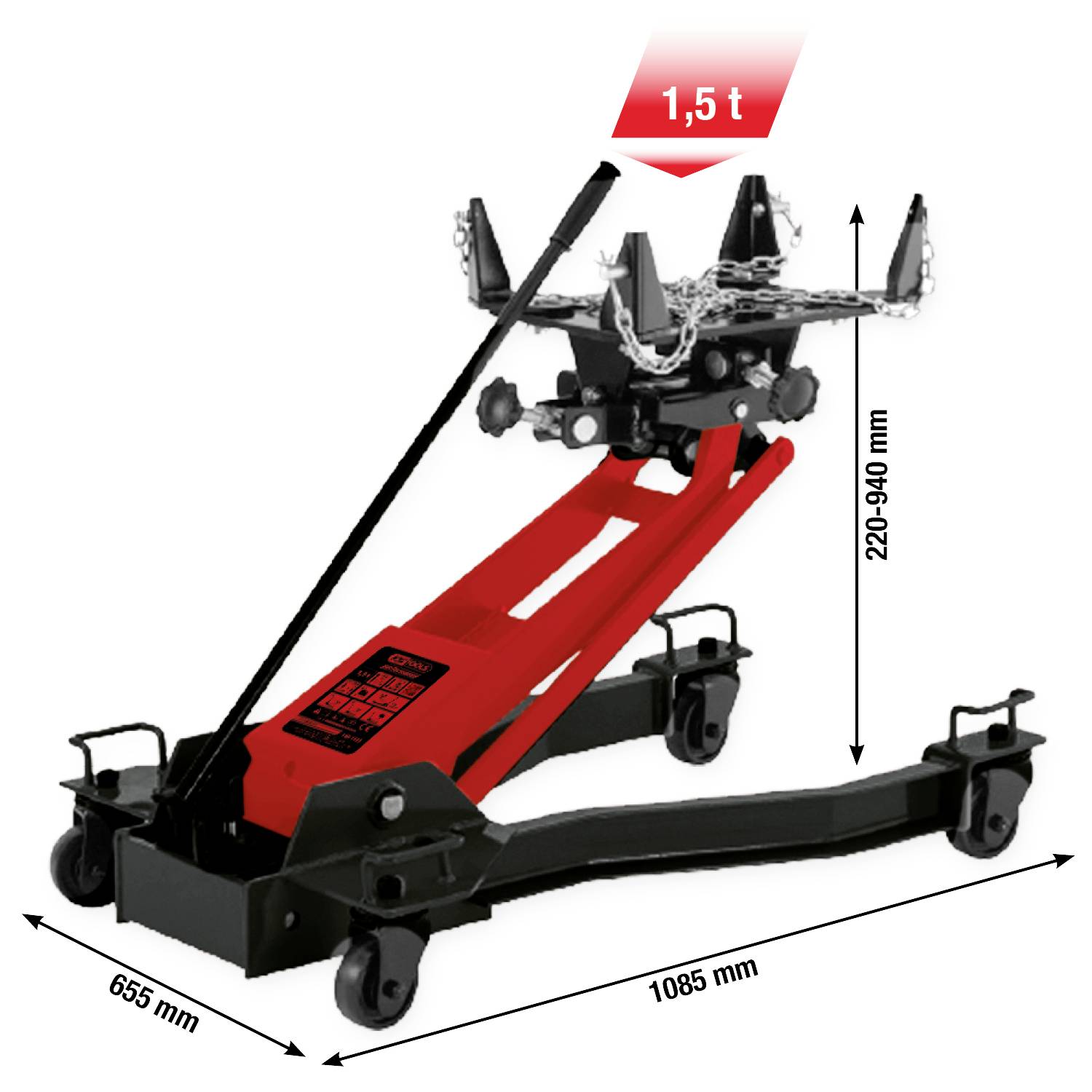Hydraulický zvedák s nosností 1,5 tuny v černém a červeném provedení. Rozměry: 655 mm šířka, 1085 mm délka.