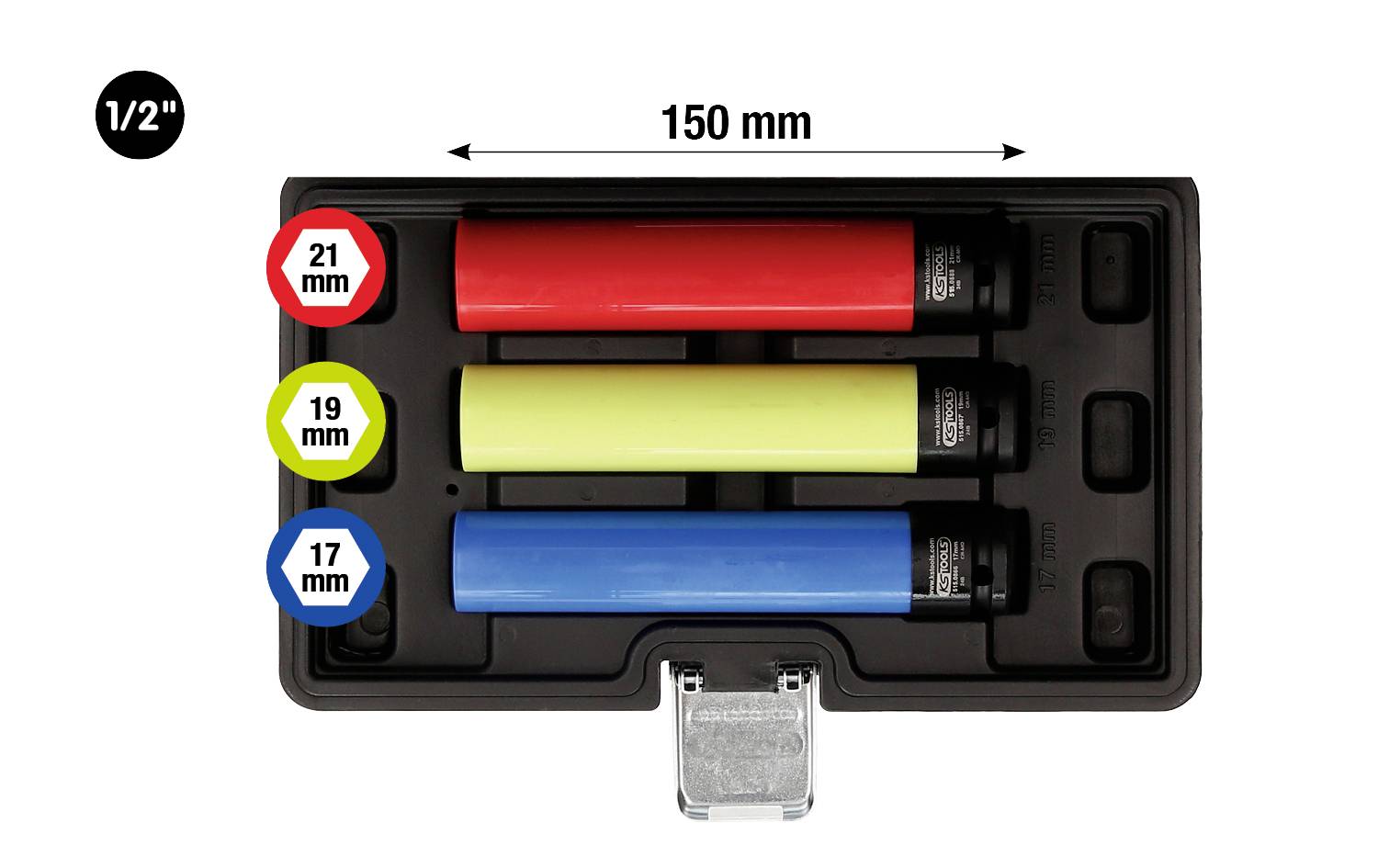 Tři barevné prodlužovací nástavce (červený, žlutý, modrý) v kufříku. Průměr: 21 mm (červený), 19 mm (žlutý), 17 mm (modrý), délka 150 mm.