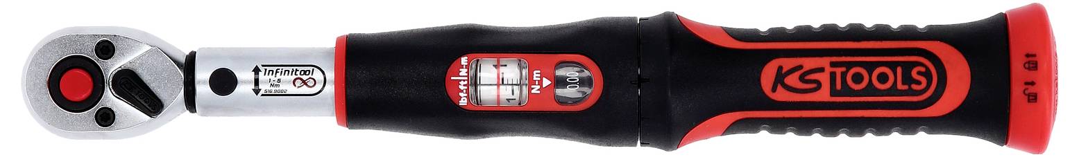 Momentový klíč od KS Tools s nastavitelnou rukojetí a stupnicí pro zobrazení momentu. Vhodný pro přesné mechanické práce.