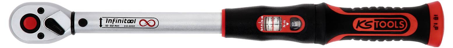 Ráčna s červeným a černým držadlem, firemní logo 'KS TOOLS' na rukojeti. Vhodná pro přesné utahování šroubů.