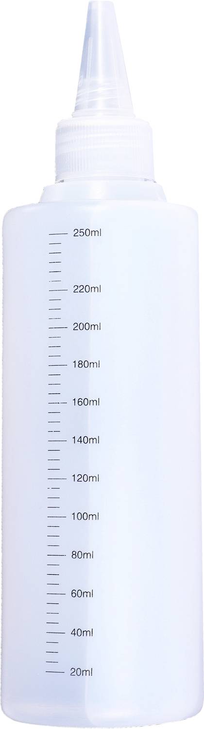 Průhledná plastová láhev s měřicími značkami v mililitrech od 20 do 250, vhodná pro přesné dávkování kapalin.