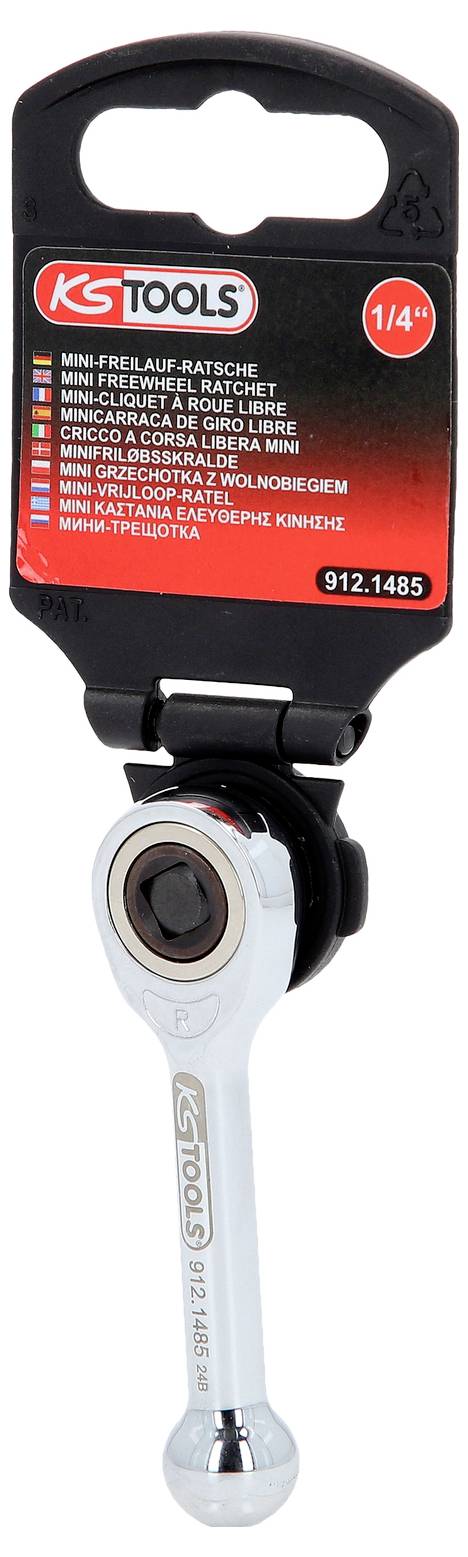Chromovaná mini ráčna s černou rukojetí na černém obalu, značka 'KS Tools', velikost 1/4", katalogové číslo 912.1485.