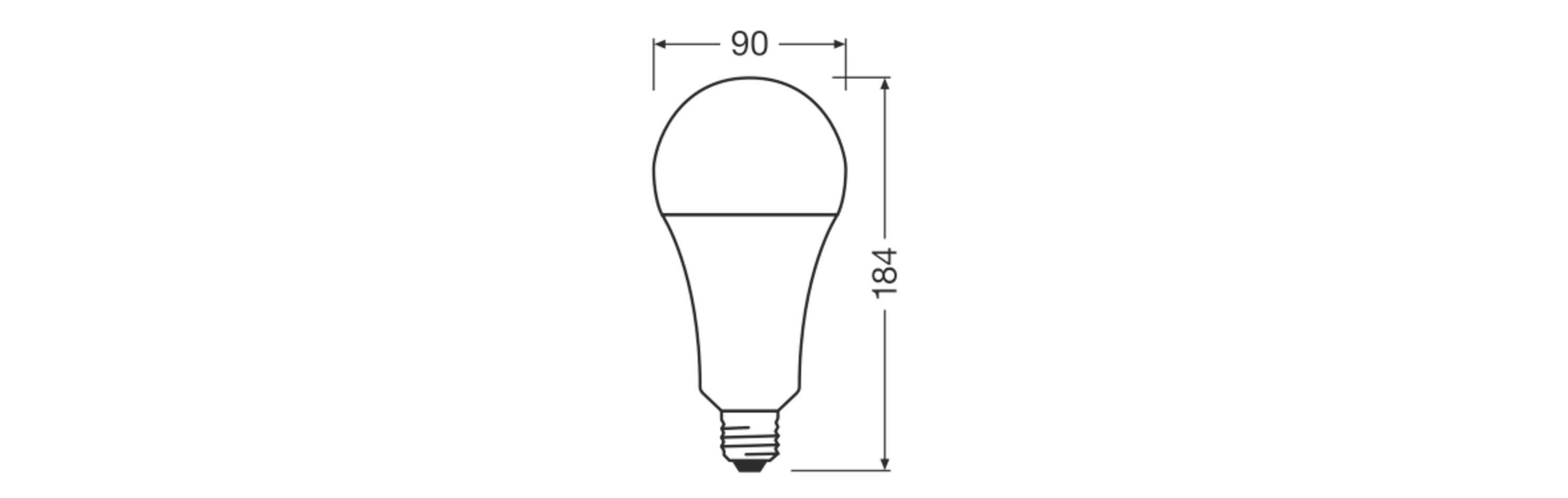 Náčrt žárovky s rozměry 90 mm šířky a 184 mm výšky.