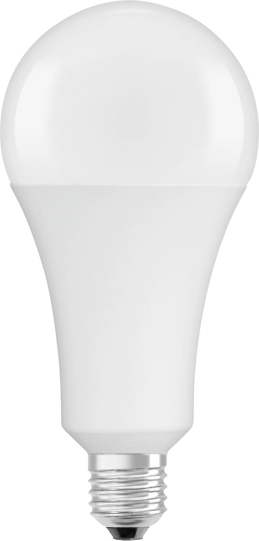 LED žárovka s bílým tělem a objímkou E27, umístěná vertikálně před bílým pozadím.