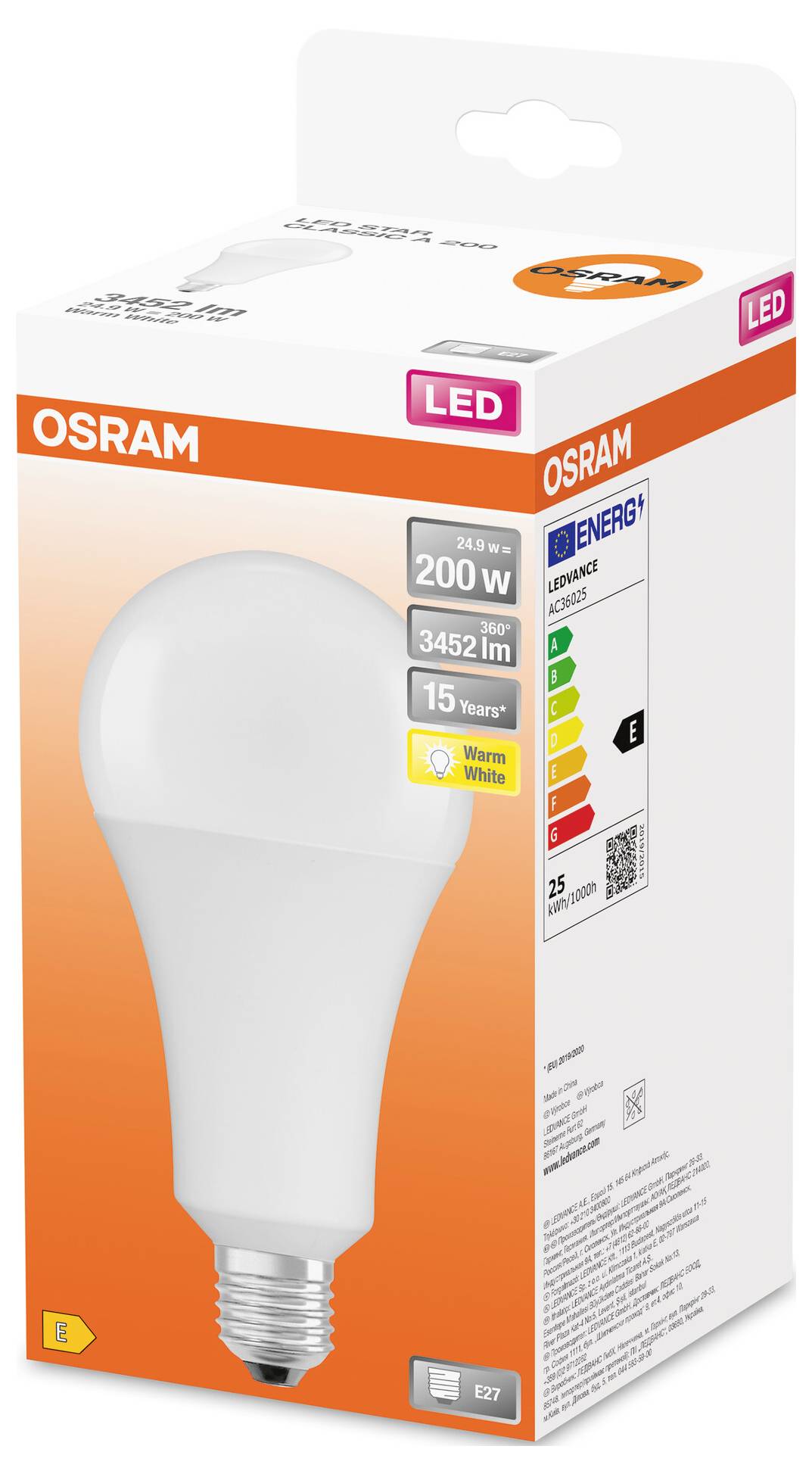 Krabice LED žárovky OSRAM se socketem E27. 3452 lumenů, životnost 15 let, náhrada za 200 W, teplá bílá, energetická třída E.
