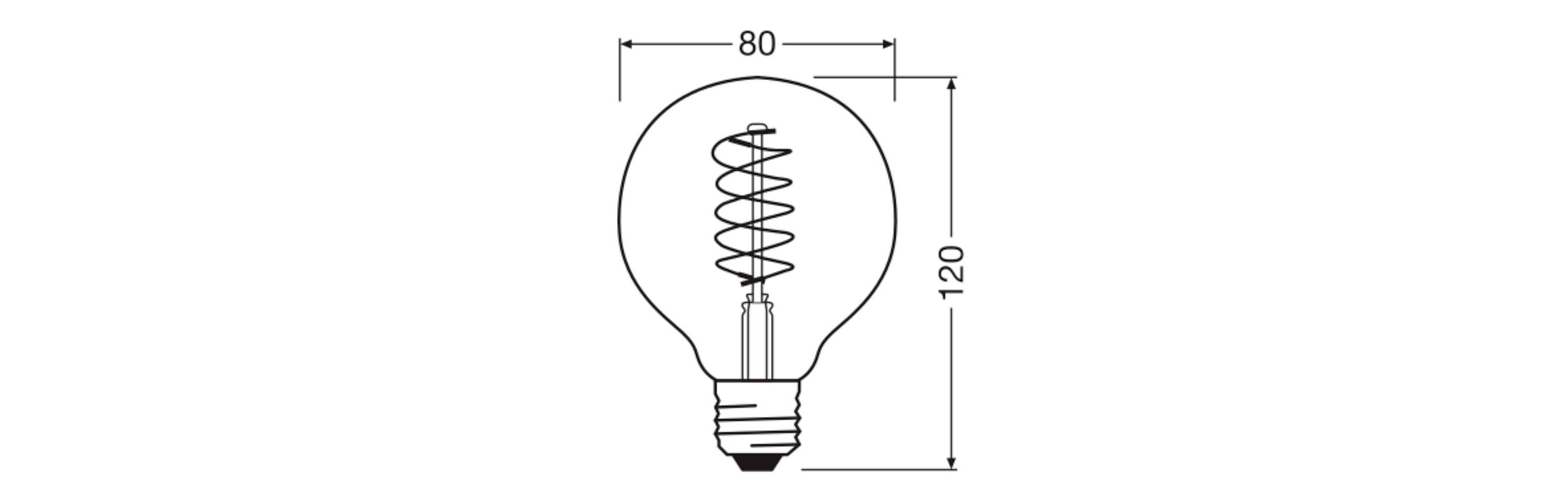 Nákres žárovky o šířce 80 mm a výšce 120 mm. Žhavicí vlákno je znázorněno ve spirálovitém tvaru.