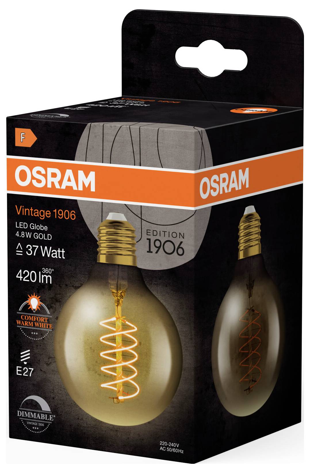 Obal LED žárovky OSRAM Vintage 1906, 4,8 W, zlaté barvy, 420 lm, stmívatelné. Obrázek produktu a detaily na přední straně obalu.