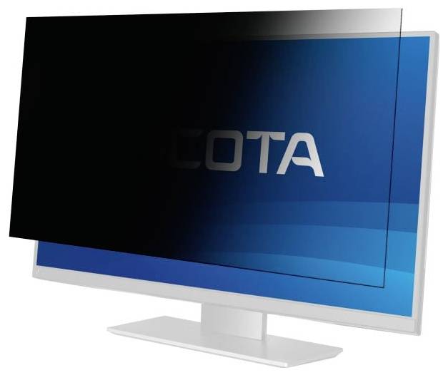 Počítačový monitor s filtrem pro soukromí, který částečně ztmavuje displej, přičemž název značky zůstává viditelný.