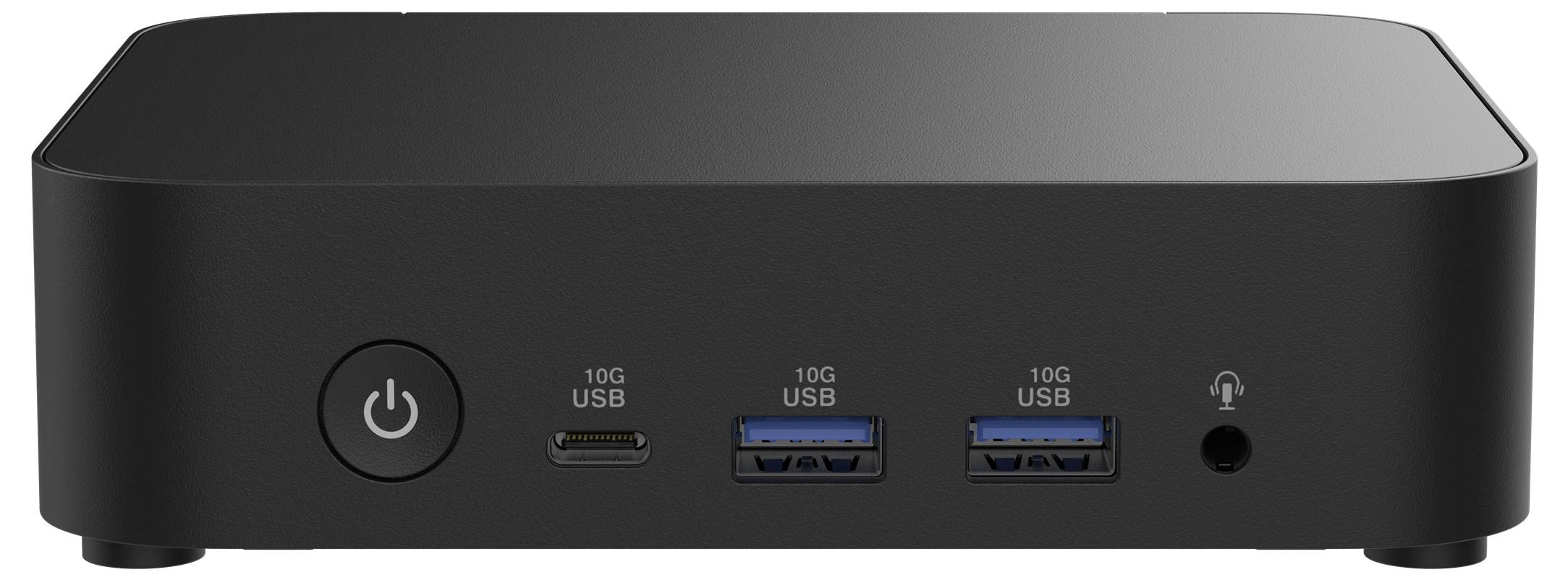 Černá počítačová dokovací stanice s síťovým vypínačem, dvěma 10G USB porty na levé a pravé straně, dvěma modrými 10G USB porty a sluchátkovým konektorem.