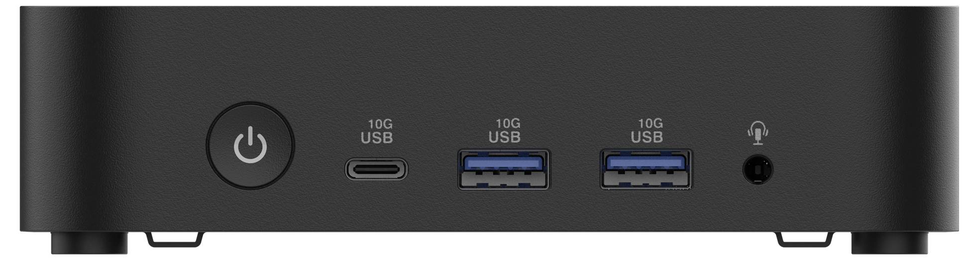 Černý mini počítač s tlačítkem napájení, USB-C portem, dvěma USB 3.0 porty a konektorem pro sluchátka na přední straně.