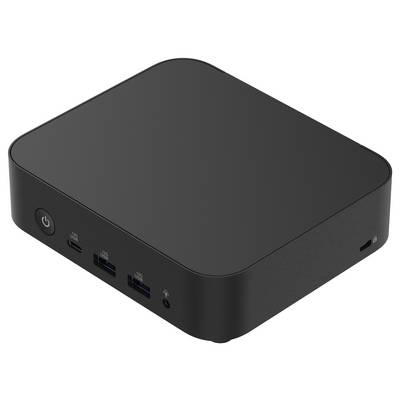 Černý mini počítač s tlačítkem napájení a několika USB porty na přední straně.