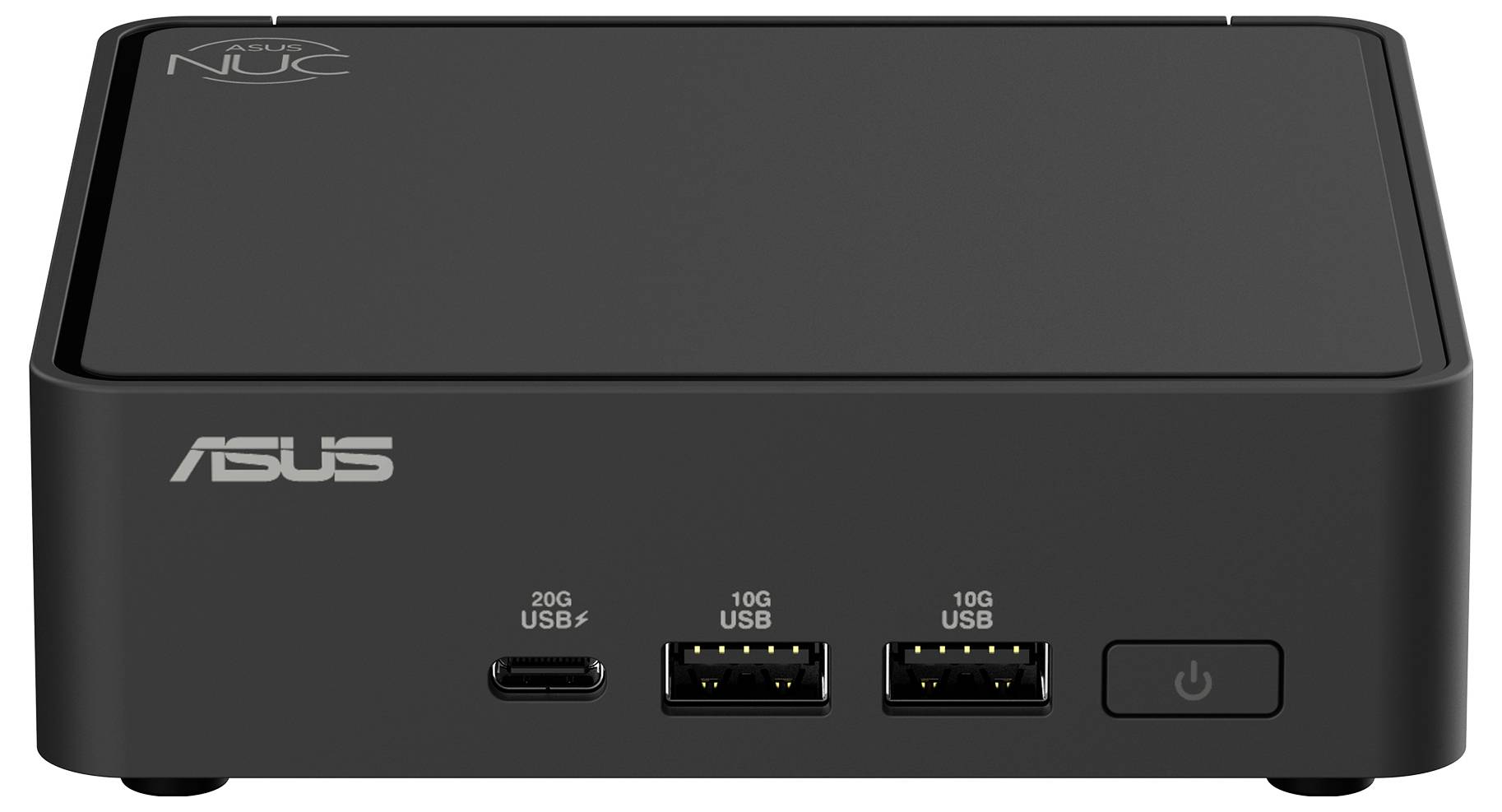 Černý mini počítač Asus se dvěma USB porty, jedním USB-C portem a vypínačem na přední straně.