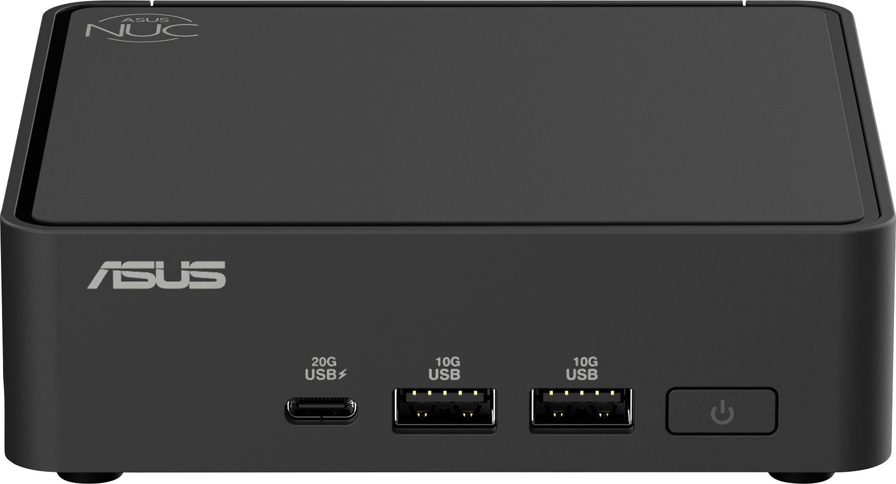 Kompaktní černý počítač s nápisem 'ASUS' na přední straně, vybavený několika USB porty a síťovým vypínačem.