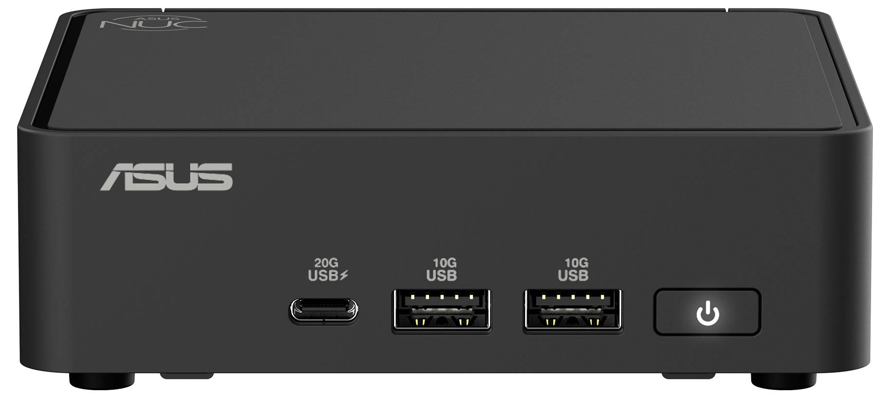 Kompaktní černý mini počítač od ASUSu s USB porty na přední straně, síťovým tlačítkem a logem ASUS vlevo nahoře.