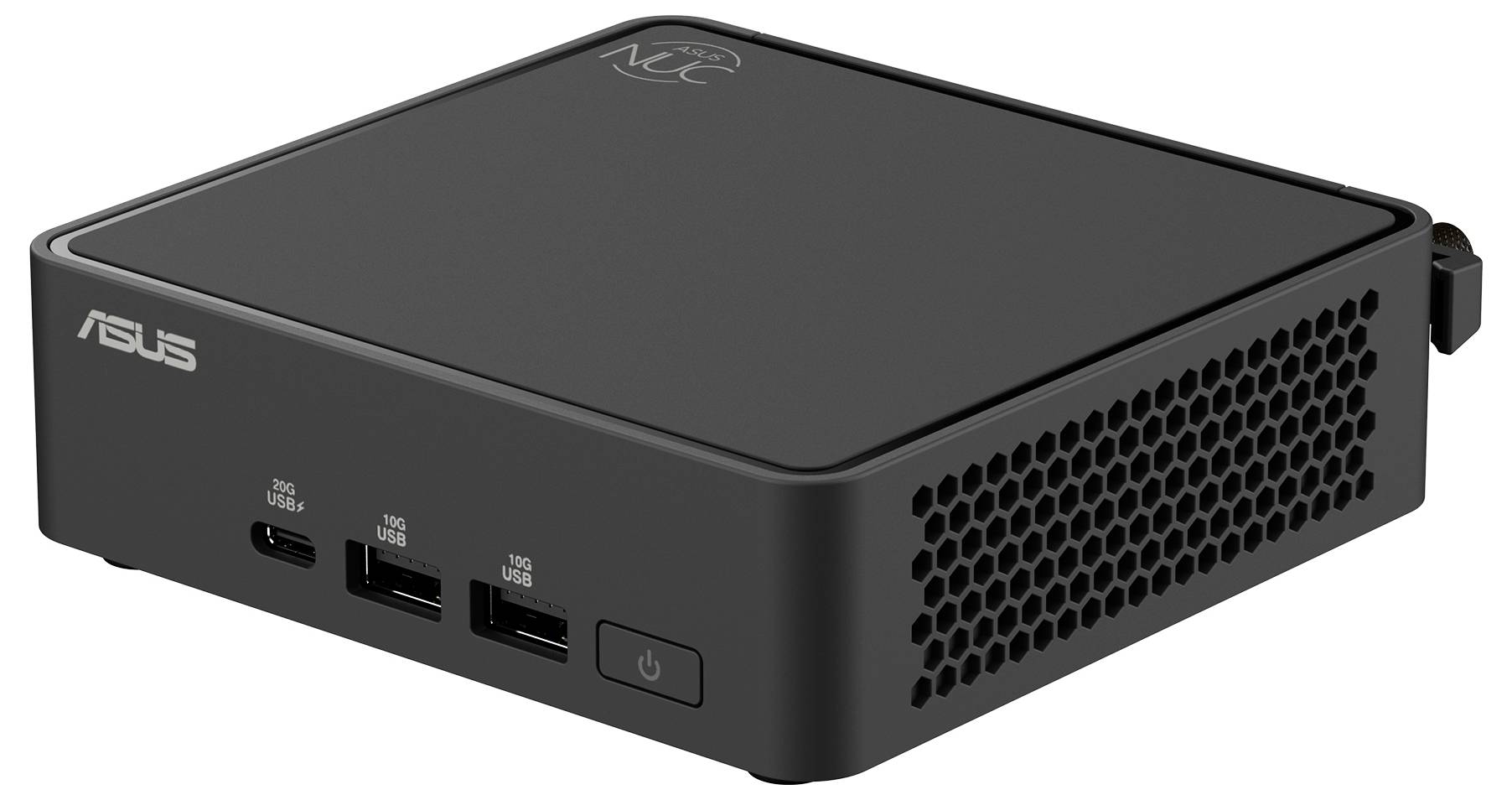 Kompaktní černý mini počítač se dvěma USB porty vpředu a větracími otvory po stranách.