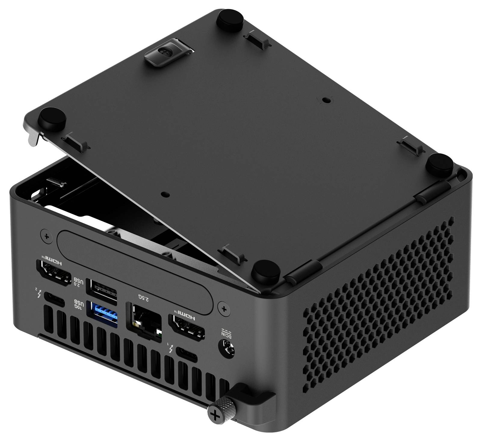 Černý mini-počítač s odnímatelným krytem ukazuje USB a HDMI porty, stejně jako větrací otvory. Kryt je částečně otevřený.