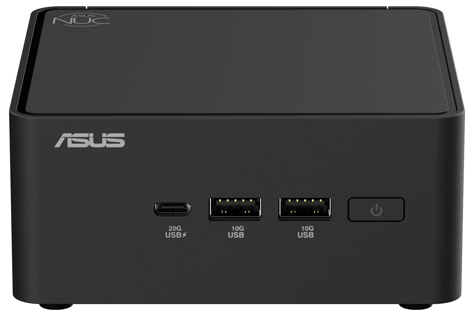 Černý mini počítač s logem ASUS, dvěma USB porty a napájecím tlačítkem na přední straně.