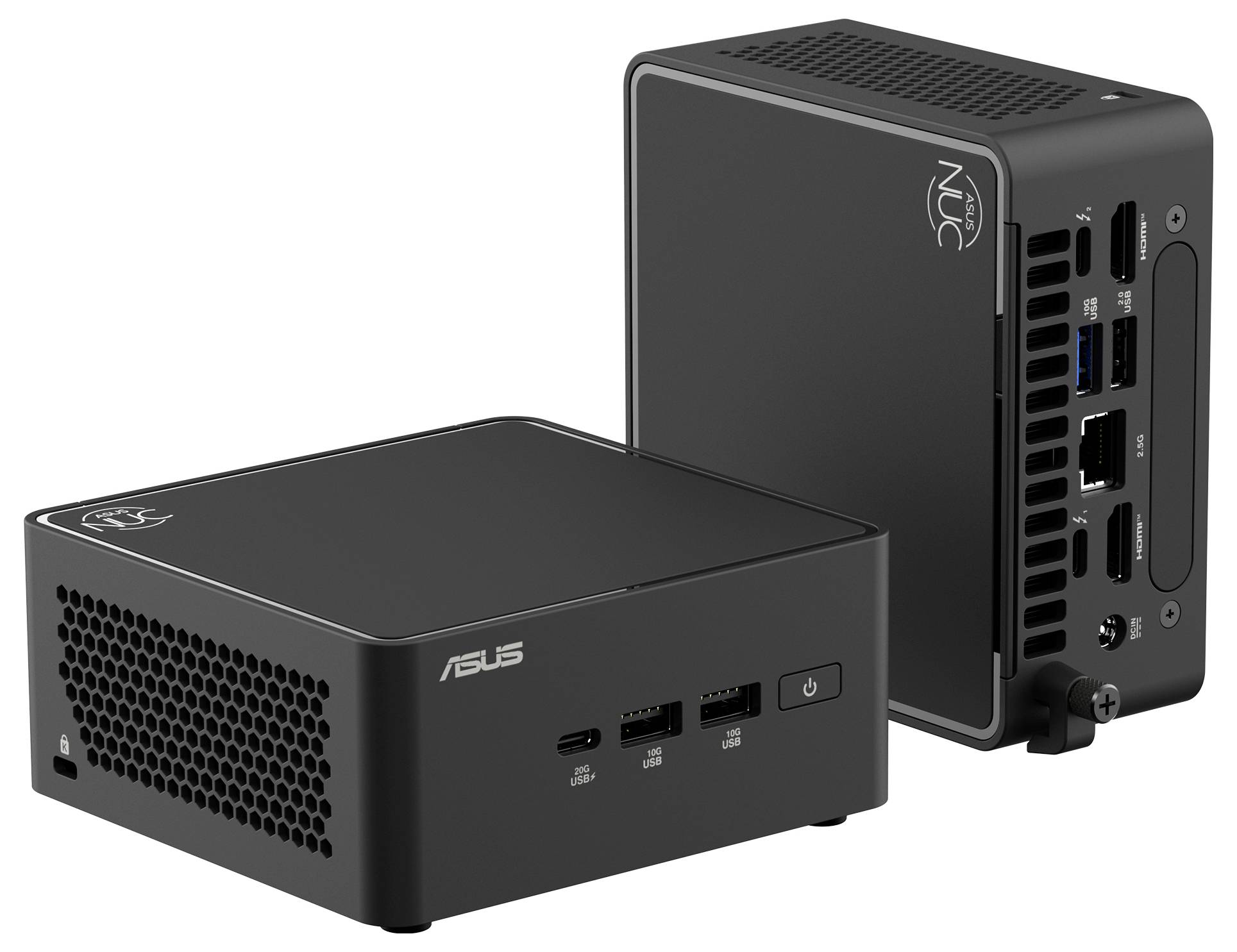 Kompaktní mini počítač s několika porty, včetně HDMI, USB a Ethernetu. Logo značky viditelné na povrchu.