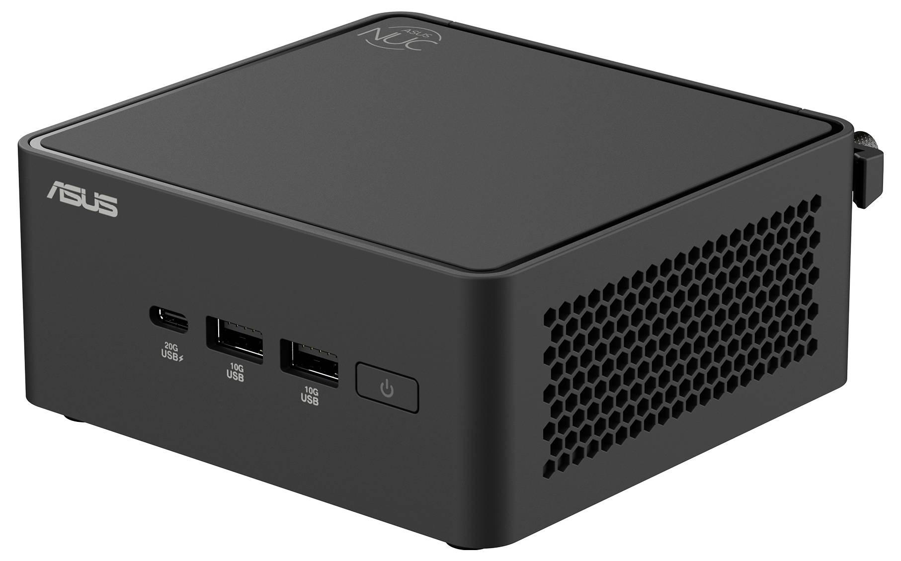 Kompaktní černý mini počítač značky Asus s několika USB porty na přední straně, ideální pro úsporná řešení do malých prostorů.