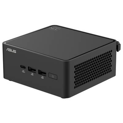 Kompaktní černý mini počítač značky Asus s několika USB porty na přední straně, ideální pro úsporná řešení do malých prostorů.