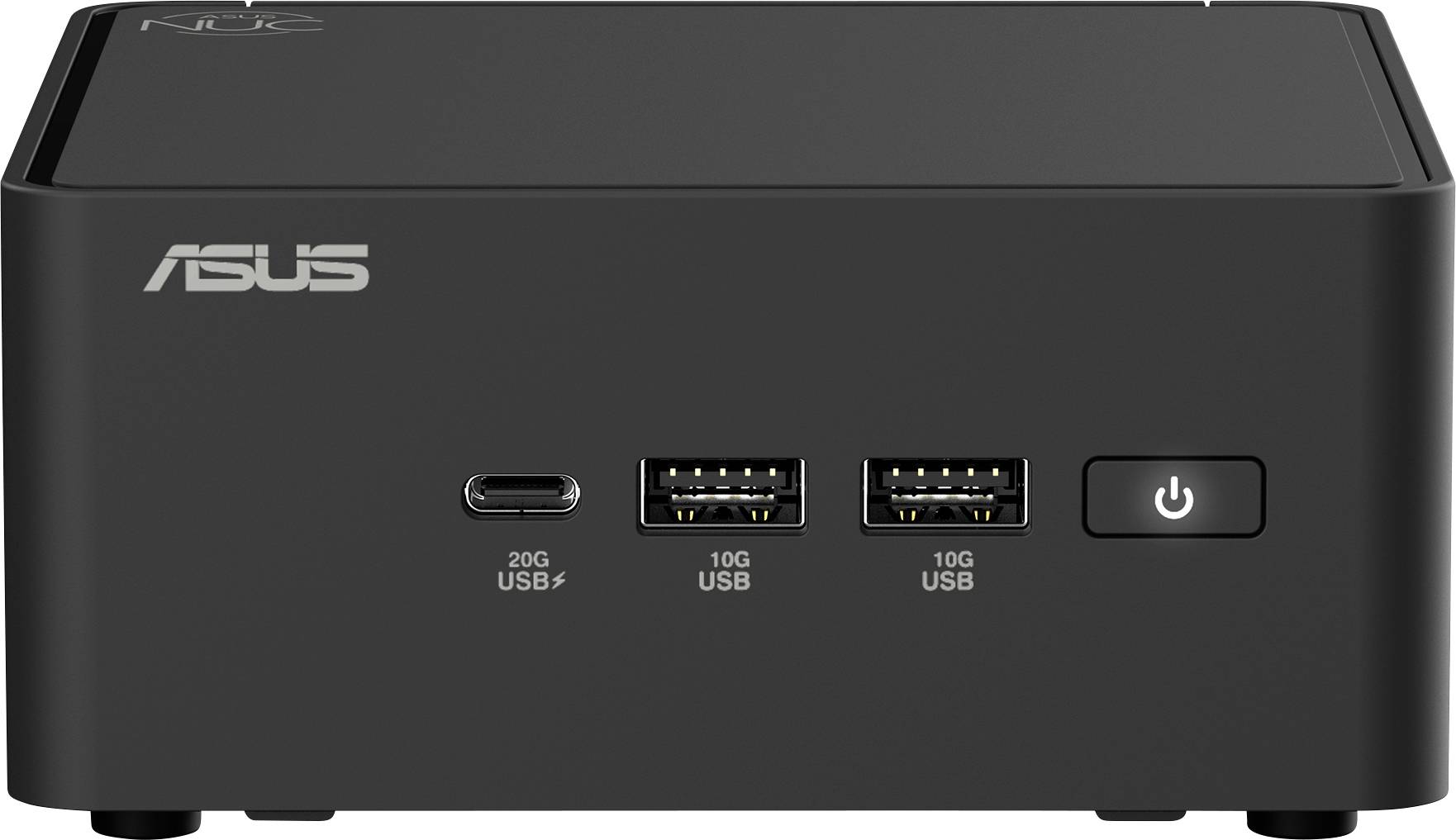Černá skříň mini počítače Asus se třemi USB porty a síťovým vypínačem na přední straně.