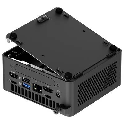 Malý černý počítač s odejmutým krytem. Viditelné jsou USB porty, HDMI port a větrací otvory.