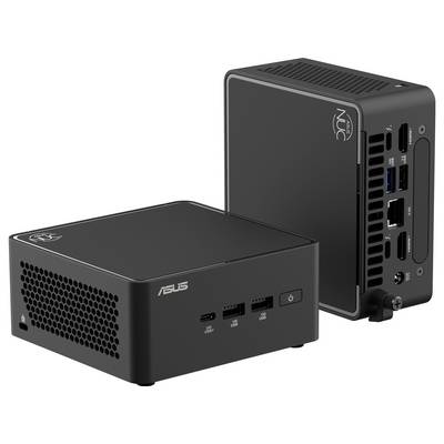 Dva kompaktní černé mini počítače s několika konektory na zadní straně, včetně HDMI, USB a audio; jeden počítač ukazuje přední stranu, druhý zadní stranu.
