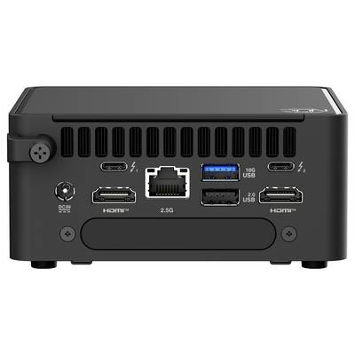 Zadní strana kompaktního počítače s přípojkami: dva HDMI, jeden Ethernet, dva USB-C, jeden USB 3.0, jeden USB 2.0 a napájecí konektor.
