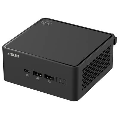 Kompaktní černý mini počítač s logem ASUS, dvěma USB porty a tlačítkem napájení na přední straně.