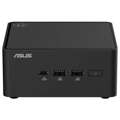 Černý mini počítač s logem Asus. Vpředu dva USB porty, jeden USB-C port a viditelný síťový vypínač.