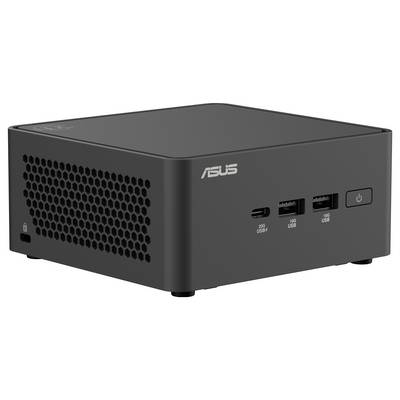 Malý černý počítač Asus s větracími otvory po stranách. Vpředu jsou viditelné USB porty a síťový vypínač.