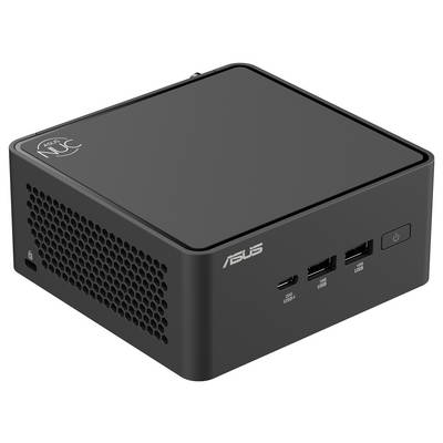 Kompaktní černý mini-počítač od Asusu s několika USB porty na přední straně a větracími otvory po straně.