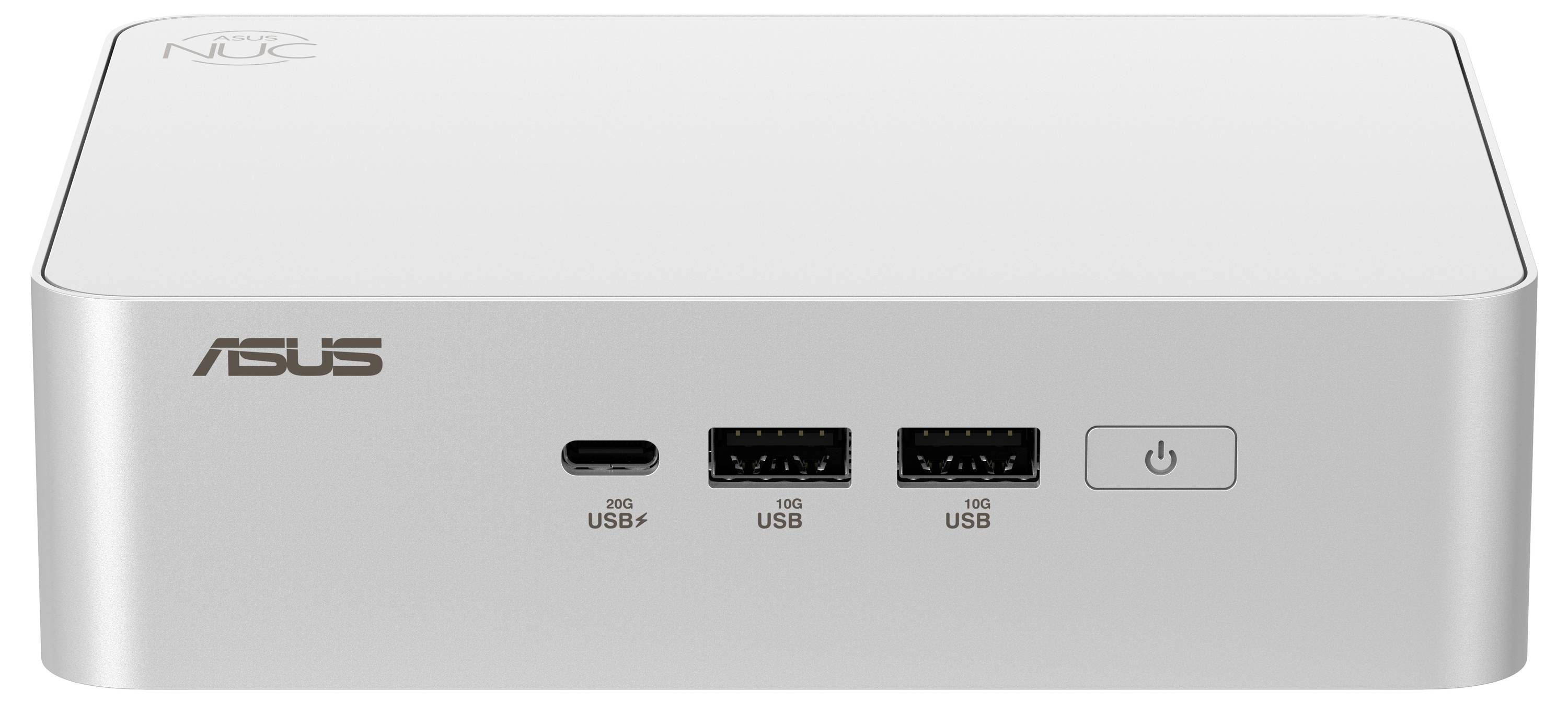 Malé, obdélníkové počítačové zařízení ASUS NUC v bílé a stříbrné barvě se dvěma USB porty, jedním USB-C portem a vypínačem.