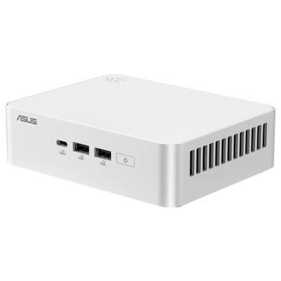Malý bílý počítač Asus s větracími otvory, dvěma USB porty a síťovým vypínačem na přední straně.