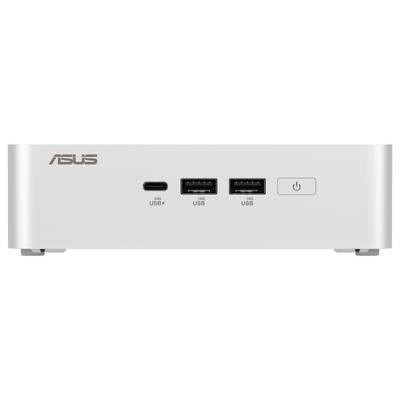 Bílý mini počítač od ASUSu se třemi USB porty (USB-C a dva USB-A) a síťovým vypínačem na přední straně.