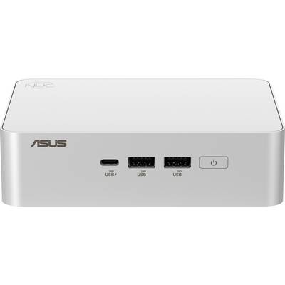 Kompaktní mini počítač ASUS s bílým krytem. Na přední straně se nacházejí dva USB porty, jeden USB-C port a tlačítko napájení.