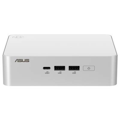 Kompaktní bílý počítač s USB porty a vypínačem na přední straně. Označený logem 'Asus'.