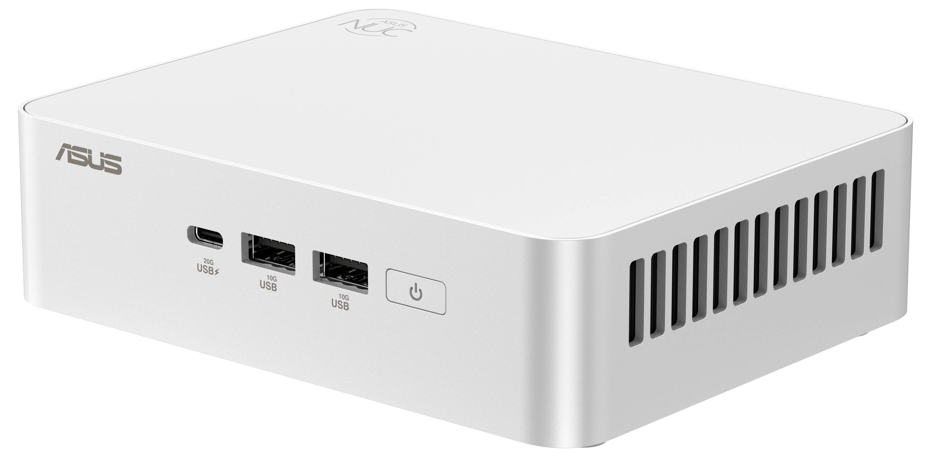 Kompaktní bílý počítač s logem ASUS, dvěma USB porty, síťovým vypínačem a větracími otvory na straně.