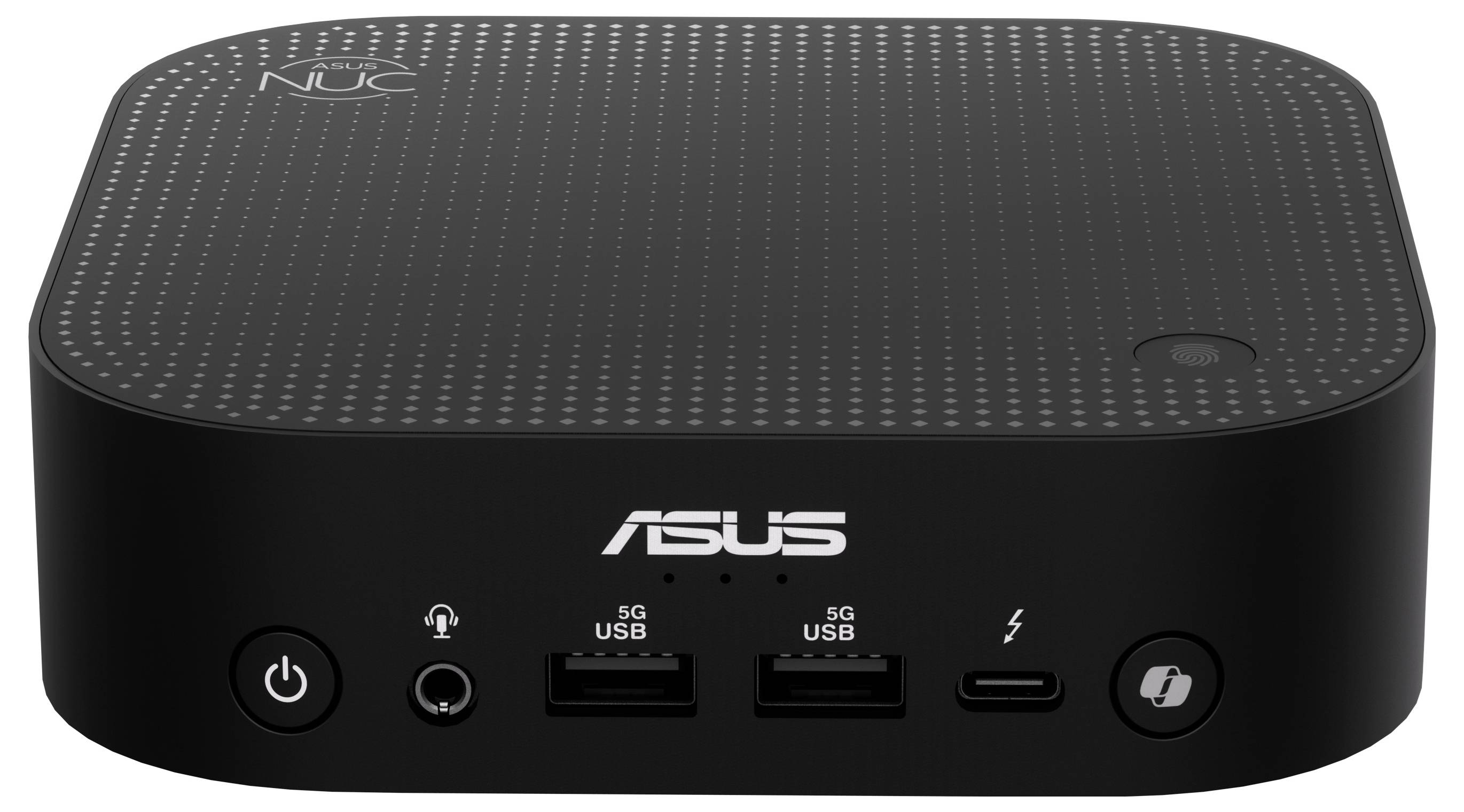 Černý mini počítač od ASUSu se dvěma USB porty, audiovstupem a síťovým vypínačem na přední straně.